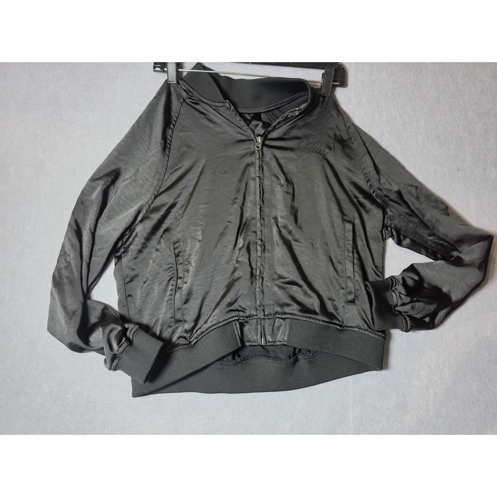 Vans Bomber Jacket Womens Medium Blac Satin Full Zip Embroidered Logo Streetwear